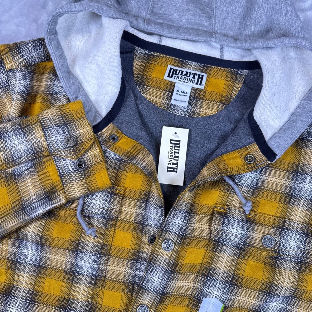 Duluth Trading Co Mens XL Tall Plaid Flannel Hooded Shirt Jacket Fleece Lined